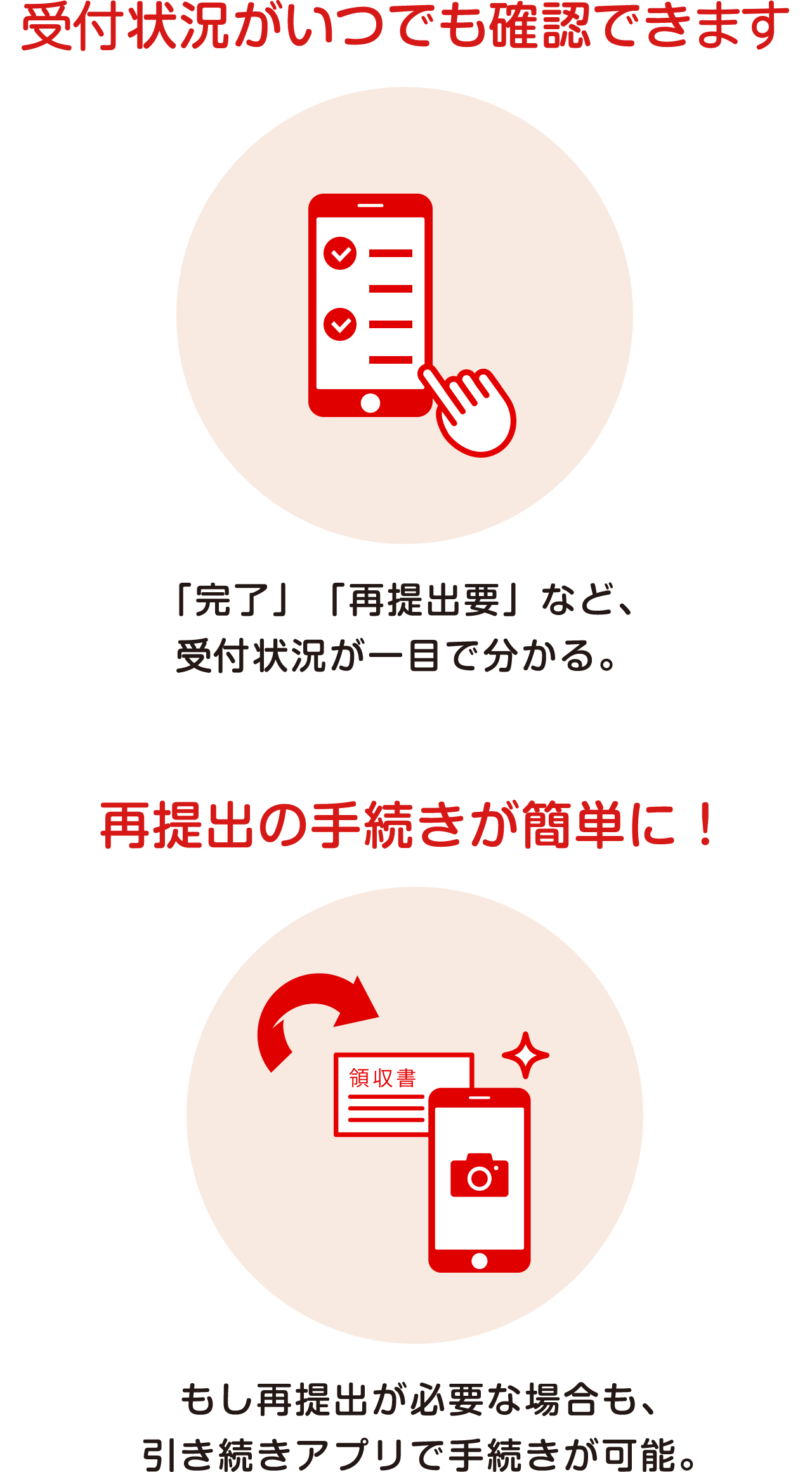 【手続き状況がいつでも確認できる】「完了」「再提出要」など、審査状況が一目で分かる。【再提出の手続きが簡単に！】もし再提出が必要な場合も、引き続きアプリで手続きが可能。